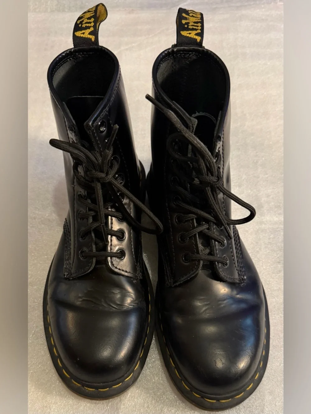 Dr. Martens 1460 Smooth Black Leather Lace-Up Combat Boots with Yellow Stitching